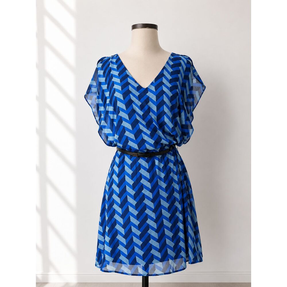 Blue Geometric Chevron Flutter Sleeve Dress with Belt | Open Back Detail XS